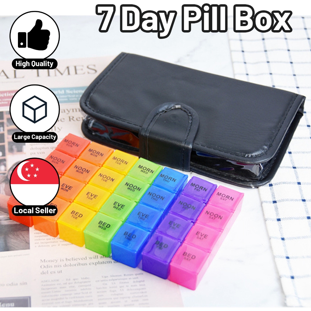 Pill Box Portable Medicine Case 7 Day Pill organizer with Black Leather Case