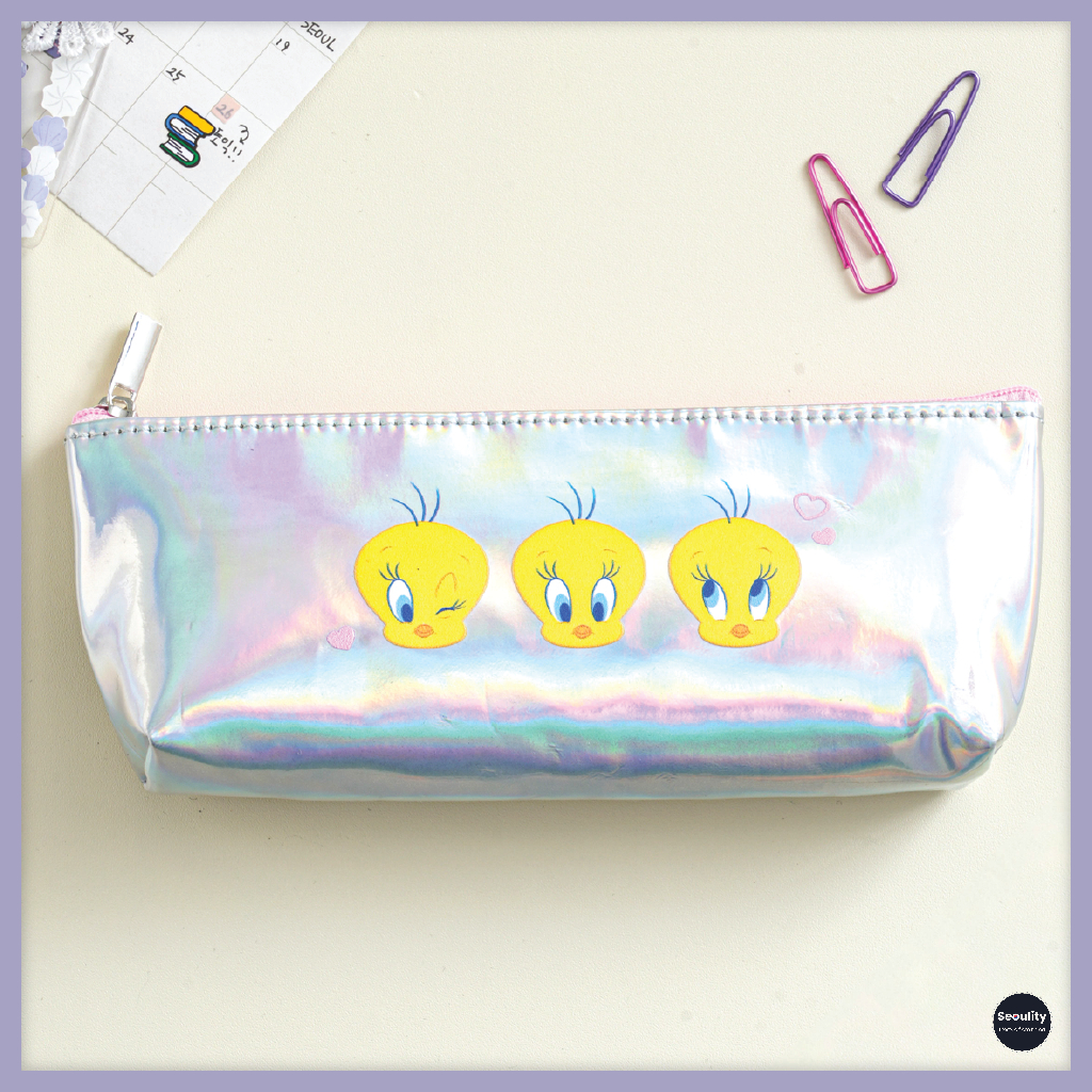 [Daiso Korea] Tweety Hologram Pencil CaseShiny Iridescent PouchStationery & Makeup Organizer