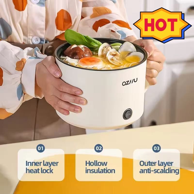 หม้อหุงข้าวไฟฟ้า 1.8L พร้อมตะกร้านึ่งมีจําหน่ายสําหรับหอพักแบบพกพา Mini Hotpot ทนทาน Multi Function 