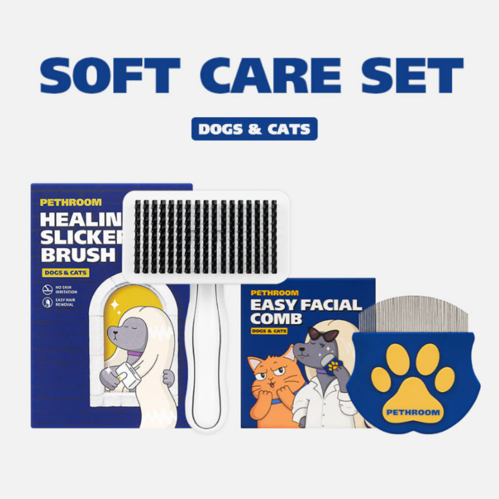 [PETHROOM] Soft Care Set for Dogs & Cats - 1 Healing Slicker & 1 Facial Comb Set ชุดดูแลแบบนุ่มสําหรับสุนัขและแมว - ชุดหวีล้างหน้า 1 ชิ้น