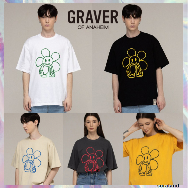[ Graver ] เสื ้ อยืดแขนสั ้ นลายดอกไม ้ การ ์ ตูน Unisex 5 สี