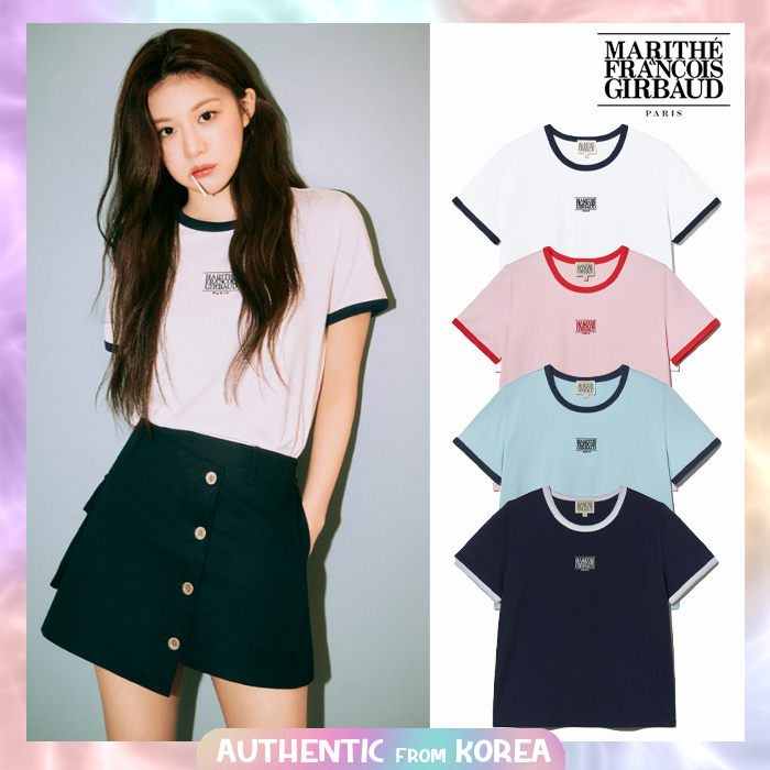 MARITHE FRANCOIS GIRBAUD สีใหม่สําหรับผู้หญิง W CLASSIC โลโก้ RINGER TEE เสื้อยืดแขนสั้น 6 สี ggf006