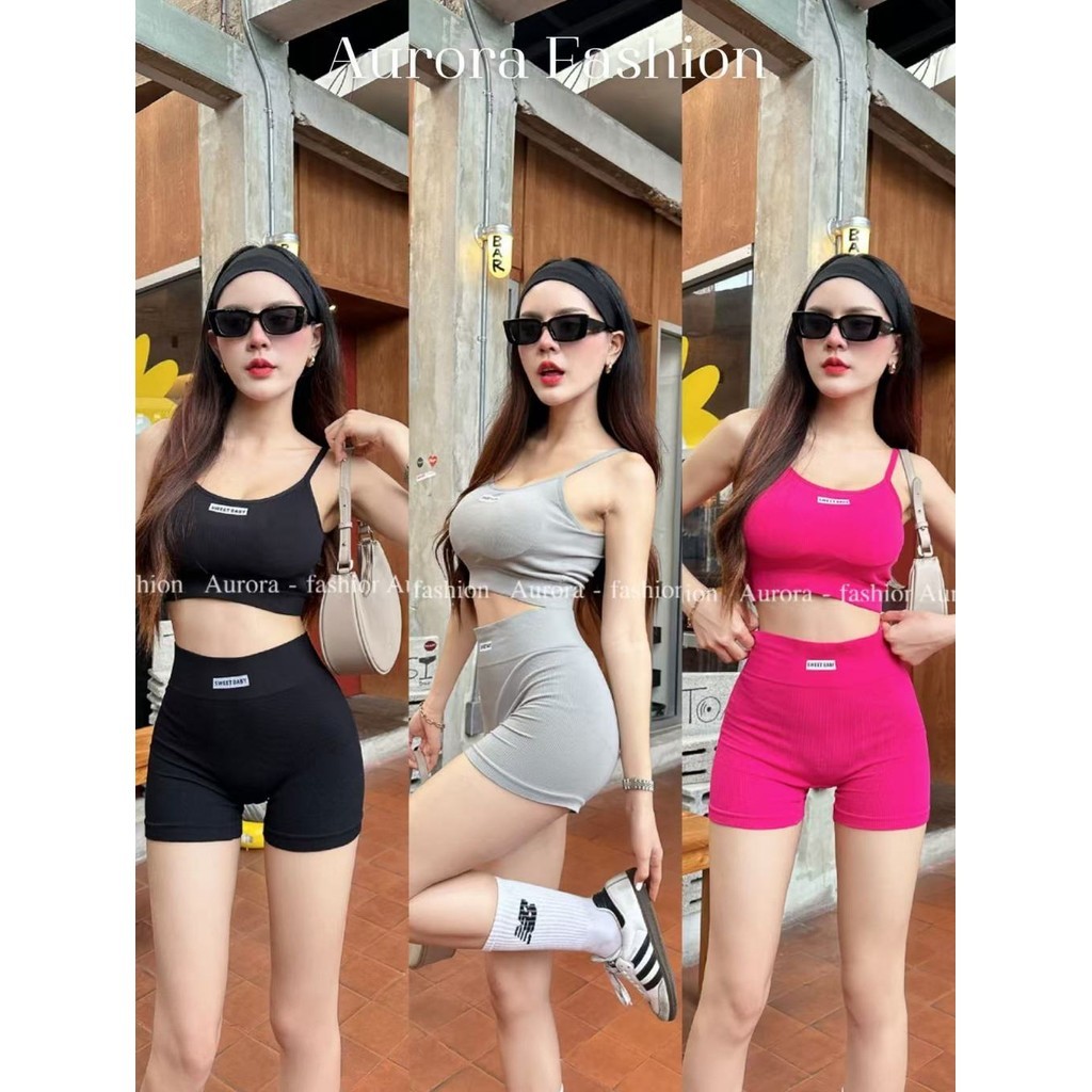 Aurora พร้อมส่ง (รูปถ่ายจากงานจริง) ชุดออกกำลังกาย รัดรูป เสื้อมีฟองน้ำ+กางเกงขาสั้น
