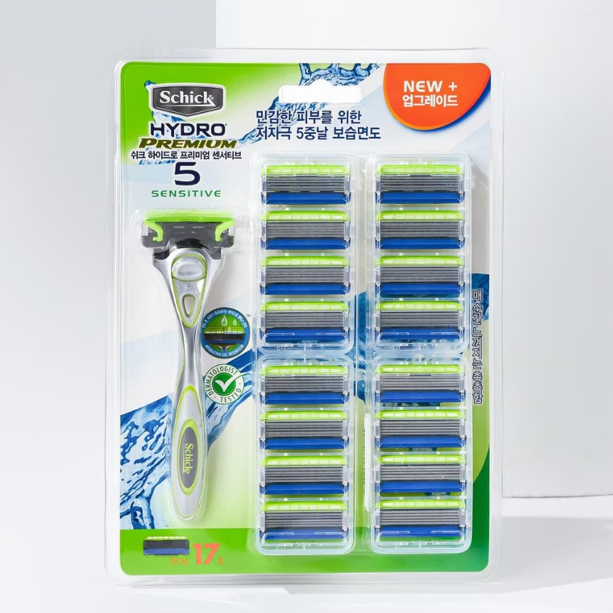 SCHICK HYDRO 5 ใบมีดโกนที่ละเอียดอ่อนระดับพรีเมี่ยม 17 ใบ, ใบมีดโกนที่มีความแม่นยำ 5 ชั้น, กล่องเจลไฮโดรที่ให้ความชุ่มชื้น, ที่กันจอนแบบพลิก / จากโซล, เกาหลี