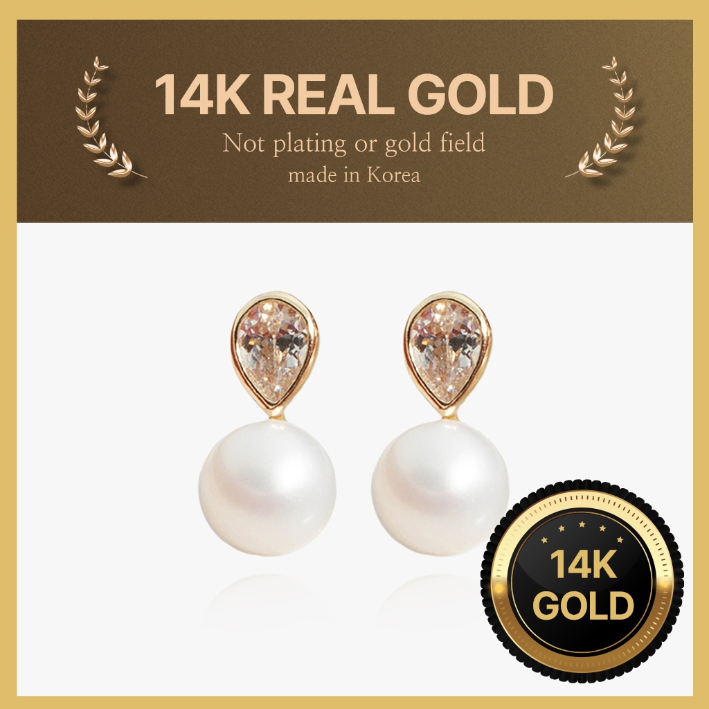 [Helene Jewelry] ต่างหูทองแท้ 14K ไข่มุกและลูกบาศก์