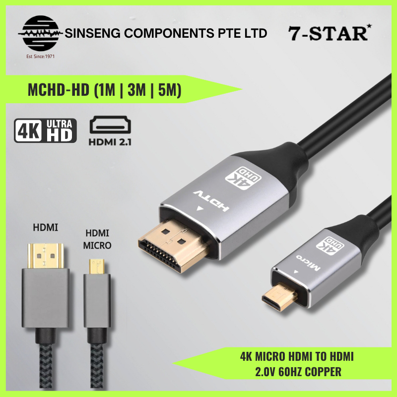 7-star* Micro HDMI to HDMI V2.0 4K60Hz HD 1080P 三维 Cable 1M/3M/5M [MODEL:CB-MCHD-HD]