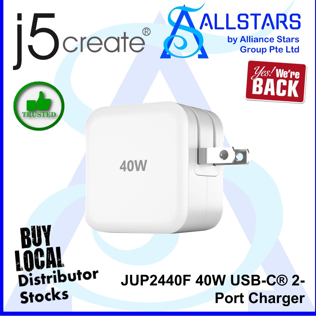(ALLSTARS) J5create JUP2440F 40W USB-C 2-Port Charger (รับประกัน 2 ปีพร้อมตัวแทนจําหน่ายท้องถิ่น Dig