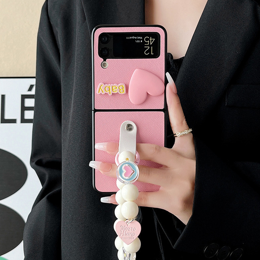 K-Style Heart Pearl Strap Case สําหรับ Galaxy Z Flip 3 4 5 6 7 | เคสโทรศัพท์เกาหลีน่ารัก