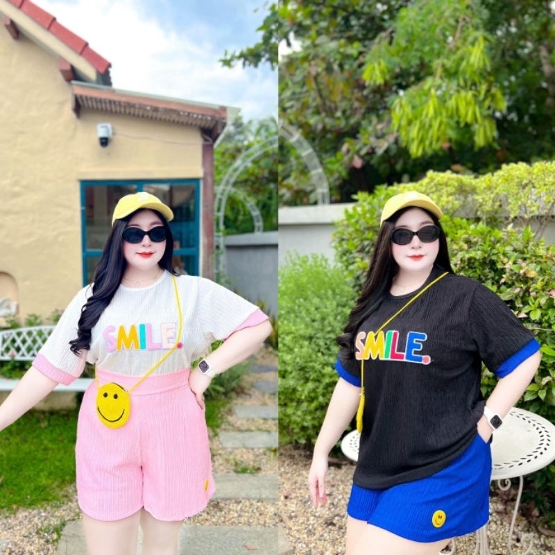 ชุดเซ็ทสาวอวบอ้วนขาสั้นผ้าท็อฟฟี่เสื้อแต่งSMILE กางเกงแต่งยิ้ม งานน่ารักสดใส ใส่คาเฟ่ ชิวส์ๆ SMILE