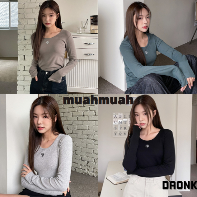 [ MUAHMUAH ] STITCH U-NECK COTTON SPAN LONG SLEEVE 5color korea แท้ 100%