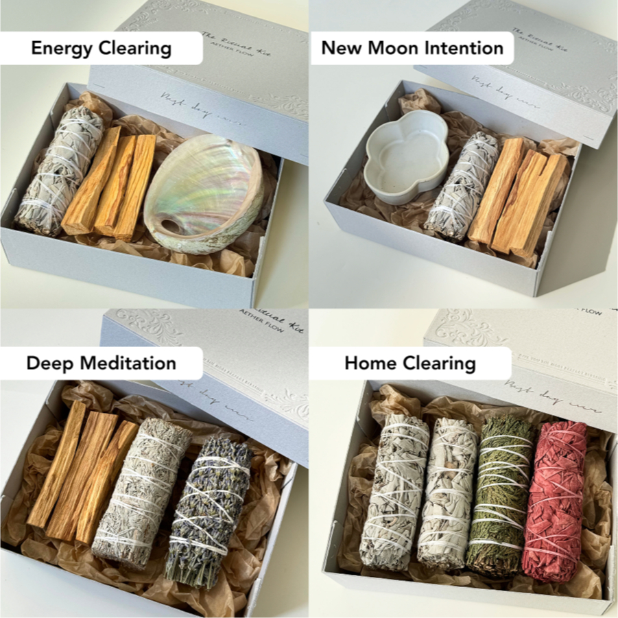 AETHER FLOW RITUAL Box Set Smudging Kit White sage Palo Santo holder shell burner การทําสมาธิ Home Energy clearing