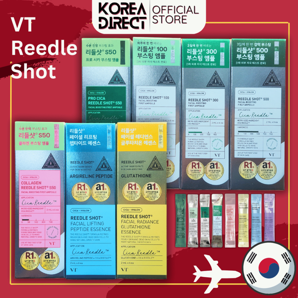 Vt Cosmetics Reedle Shot 50, 100, 300, 500, คอลลาเจน, กลูตาไธโอน, Argireline Peptide, EFG, DAISO
