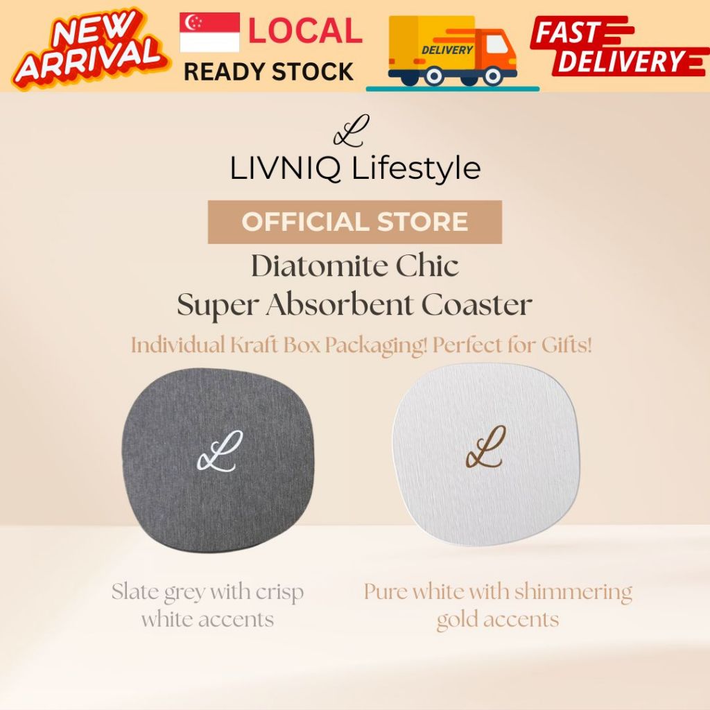 LIVNIQ Lifestyle Diatomite Chic Super Absorbent Coaster ใน Slate Grey และ Pure White!