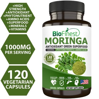 Biofinest Moringa Leaf 1000mg Supplement - Antioxidant Superfood Powder- Energy Skin Blood Sugar Immune (120 capsules)