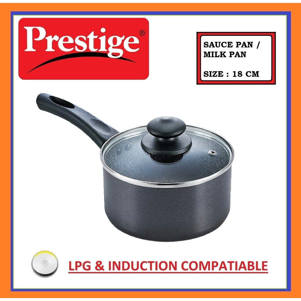 PRESTIGE DELUXE GRANITE NON - STICK MILK PAN / SAUCE PAN WITH GLASS LID / 18 CM / 2.25 L / GAS AND I
