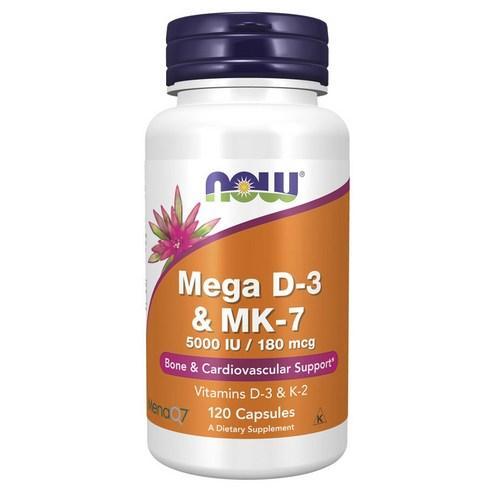 NOW Mega D-3 + MK-7 – แคปซูลผัก 120 แคปซูล, 5000 IU D3 + 180 mcg MK-7 (MenaQ7®) พยุงหัวใจและกระดูก ม