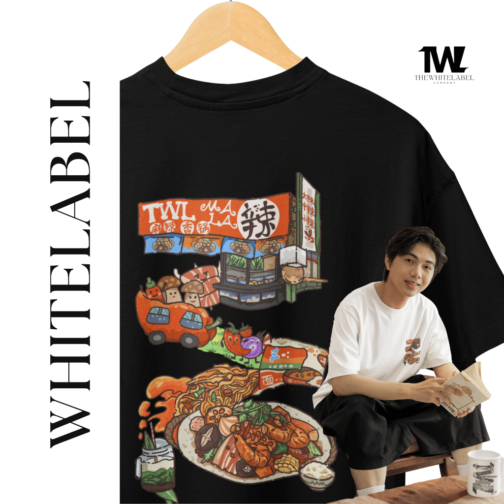 THEWHITELABEL SG11 โลโก้ Mala Xiangguo 300Gsm เสื้อยืด Unisex Oversize สีขาวดํา
