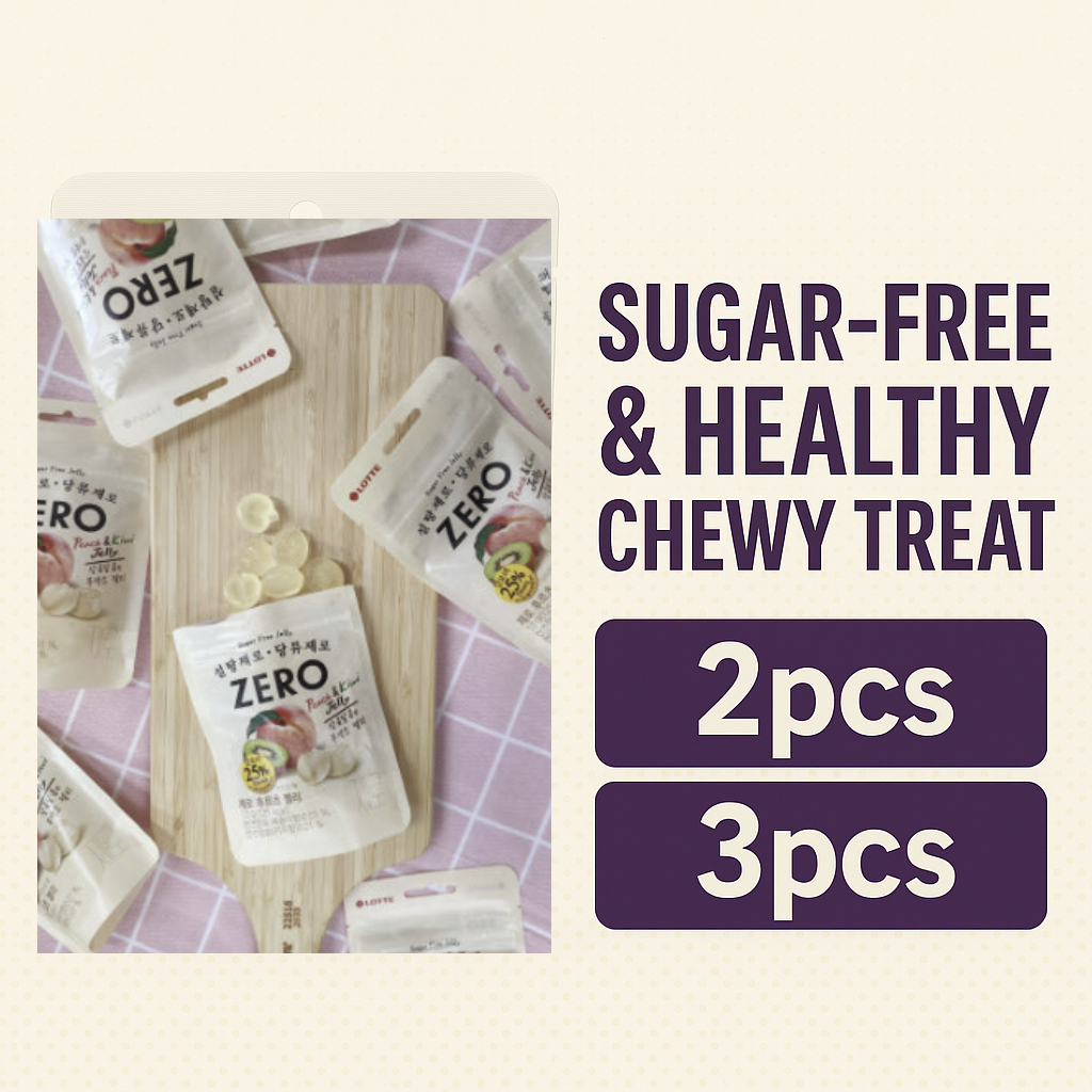 [LOTTE Zero] เยลลี่ผลไม้ 52g × 2ชิ้น / 3ชิ้น · ไร้น้ำตาล · เคี้ยวเพลินเพื่อสุขภาพ 🍇🍑🍋