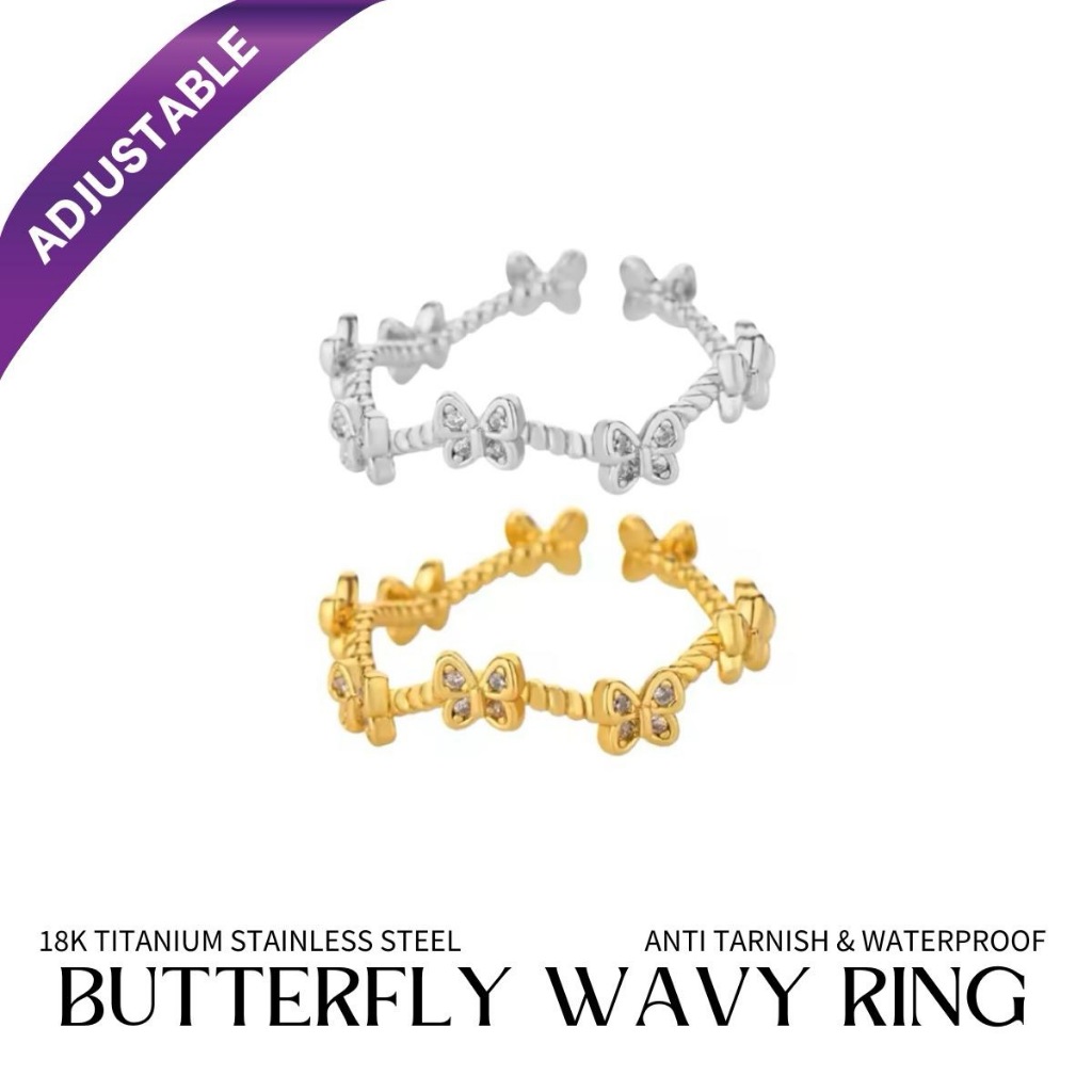[SG] BUTTERFLY WAVY ADJUSTABLE RING STAINLESS STEEL DAILY WEAR KINDRED JEWELS