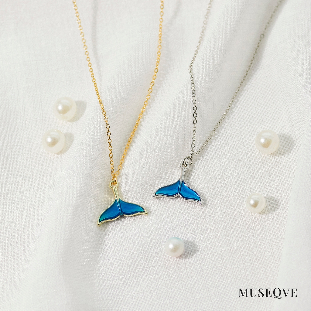 QVY สร้อยคอจี้หางปลาวาฬสีฟ้า ชุบทอง 14K สแตนเลสสตีล ของขวัญนำโชค [WTN-B]