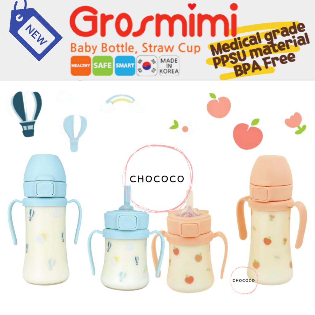 [Korea] ของแท้ Grosmimi ใหม่ SKY BALLOON PEACH FLOWER ถ้วยฟางขวดนม One touch หมวกไม่มีการรั่วไหล Magic Sippy ถ้วยเด็กวัยหัดเดิน WIDE NECK