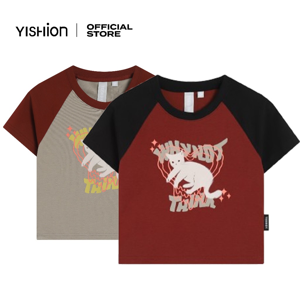 YISHION Contrast Colorblock Raglan Short-Sleeve Crop เสื้อยืด Cat และ Scribbly Heart พิมพ์สําหรับผู้