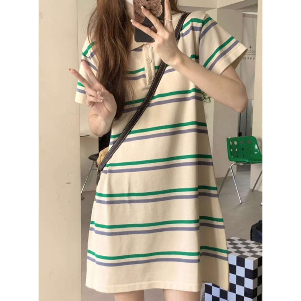 มินิเดรสแขนสั้นคอปกลายทาง – Casual & Chic Everyday Look | DHH-E92