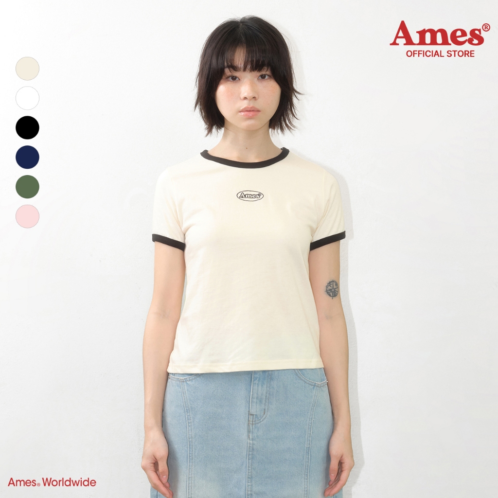 [AMES] SYMBOL LOGO EMBROIDERED CROP TEE_สไตล์เกาหลี