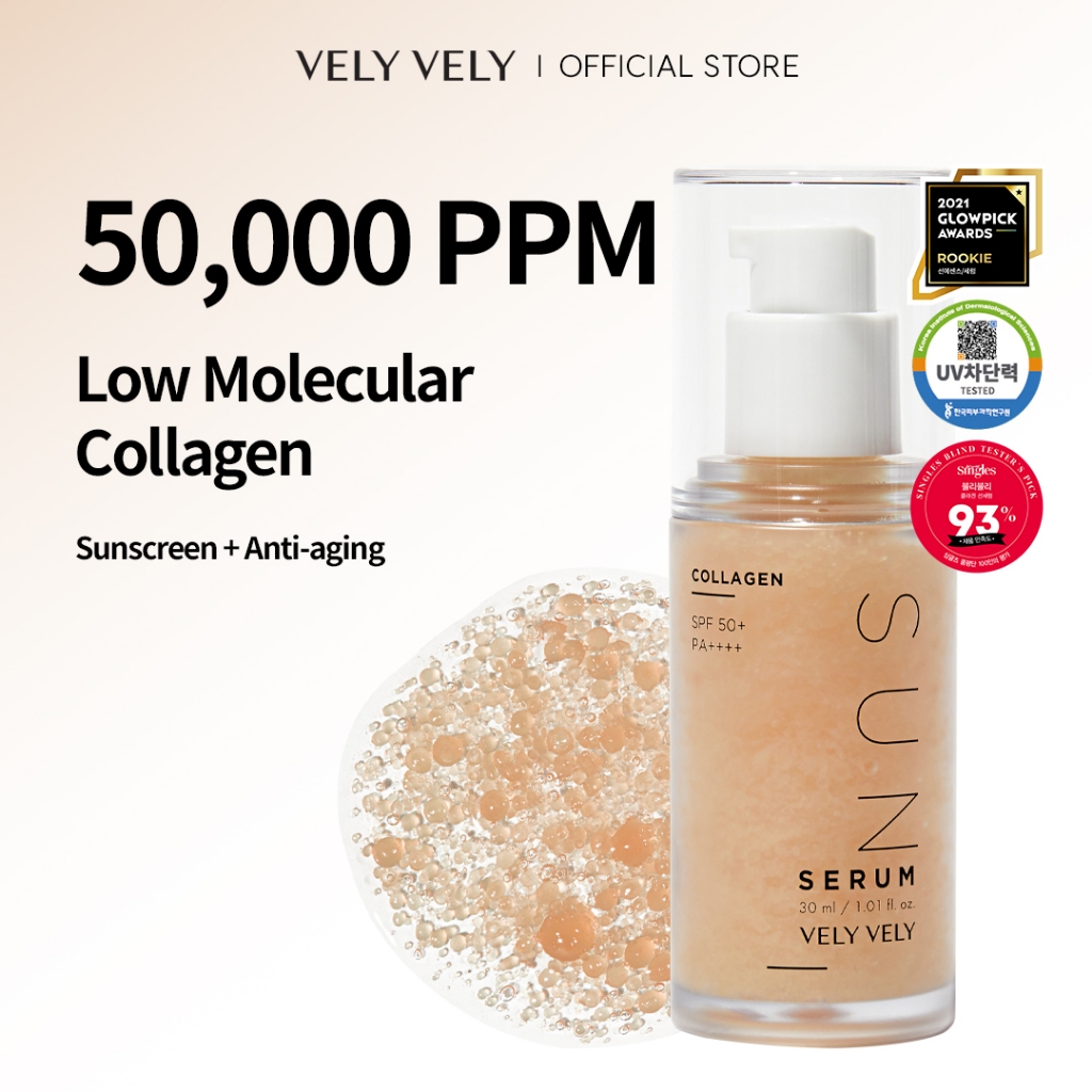 [VELY Vely] Collagen Sun Serum SPF 50+PA++++ 30ml, คอลลาเจนโมเลกุลต่ํา, ต่อต้านริ้วรอย, Triple Funct