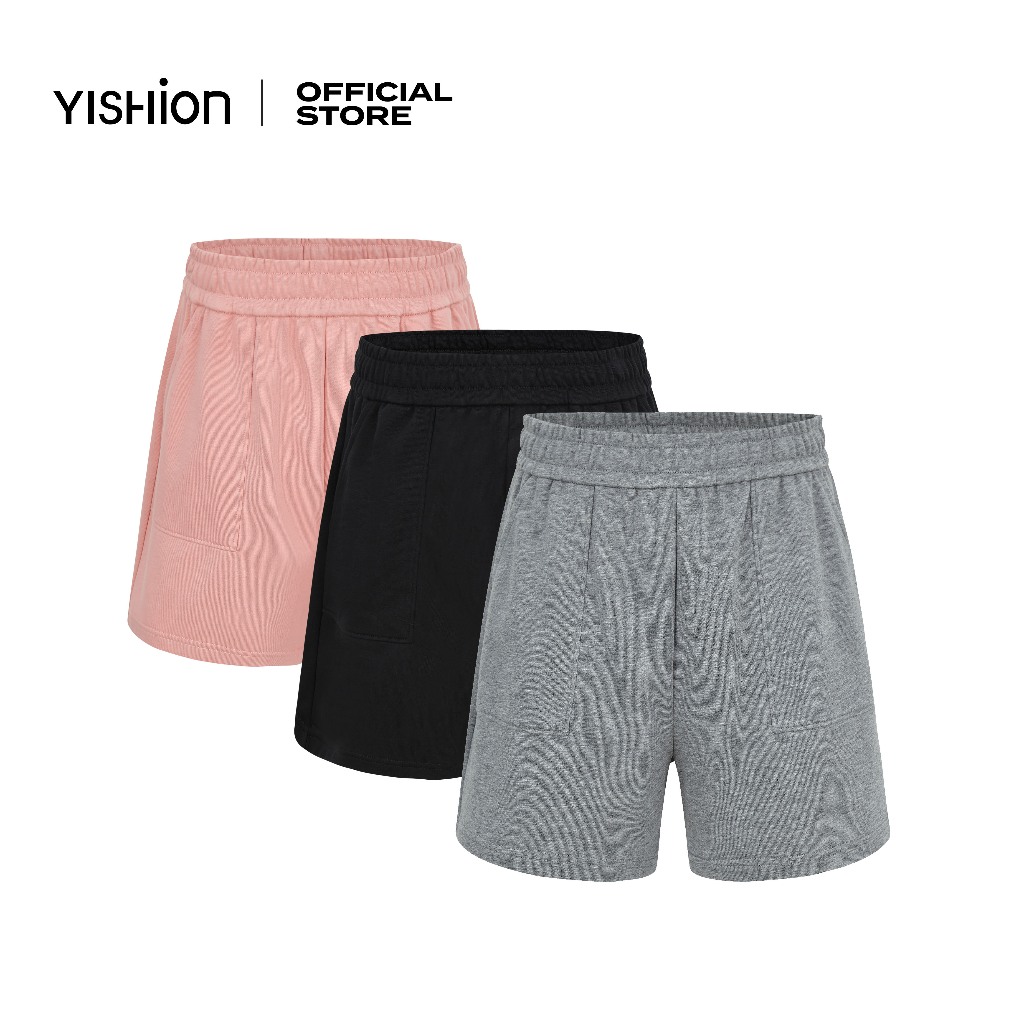 YISHION กางเกงขาสั้นผ้าถักพื้นฐานเอวยางยืดสําหรับผู้หญิง 6012