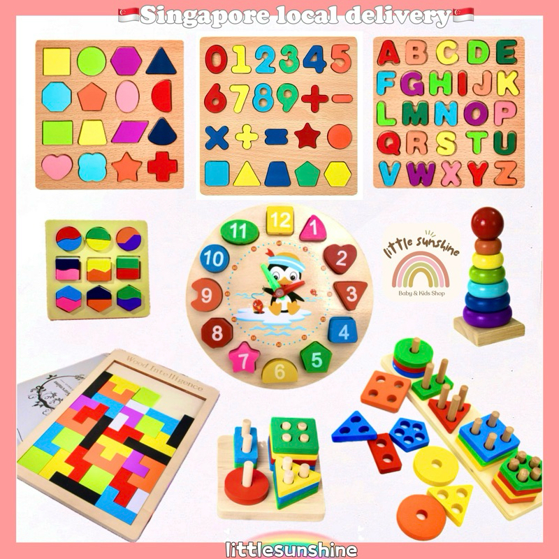 Kids Montessori ของเล่นไม้เพื่อการศึกษาเรขาคณิต Tetris Rainbow Tower Shape Board