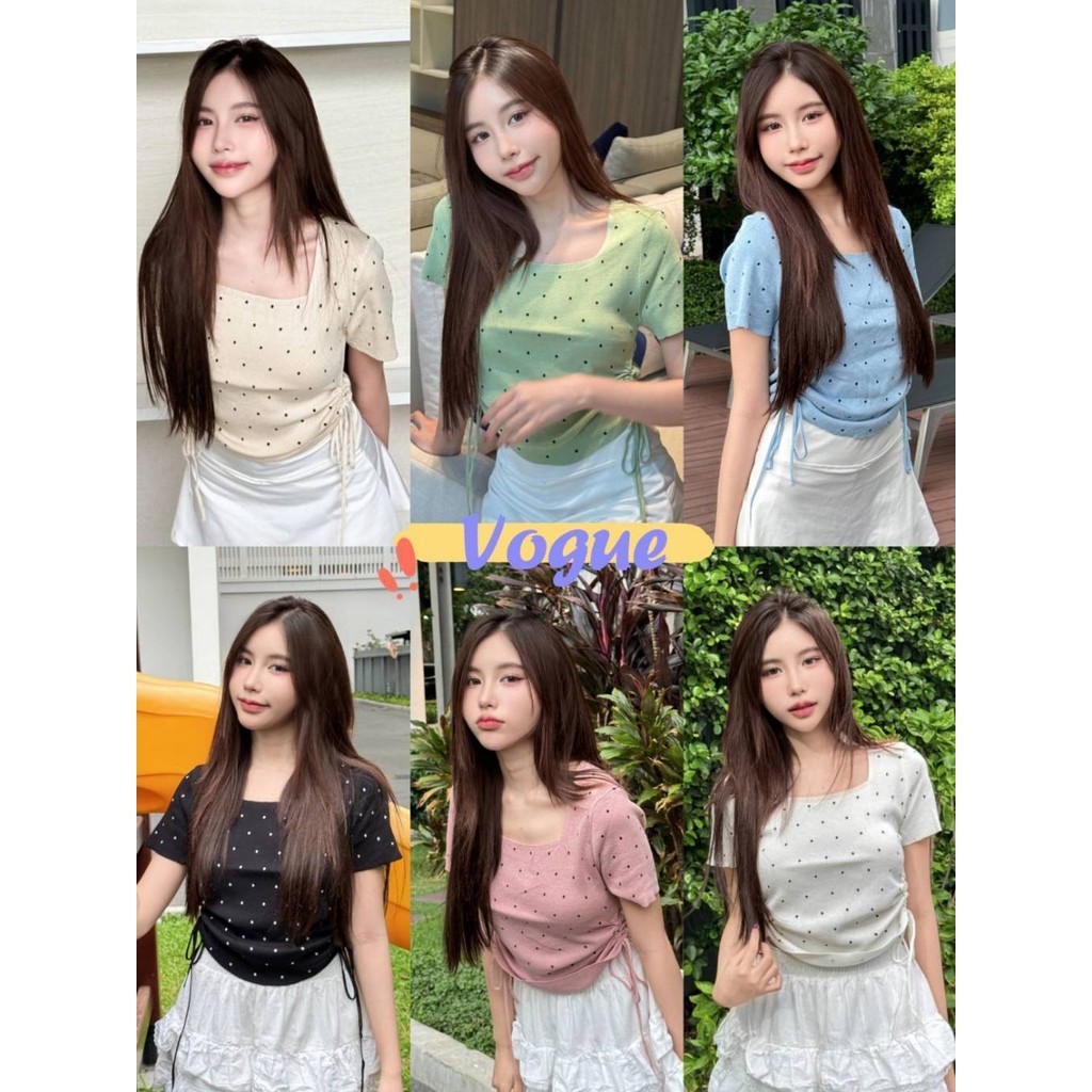 Vogue พร้อมส่ง เสื้อยืดไหมพรมแขนสั้น คอเหลี่ยม ดีเทลลายจุด รูดด้านข้าง (23297)