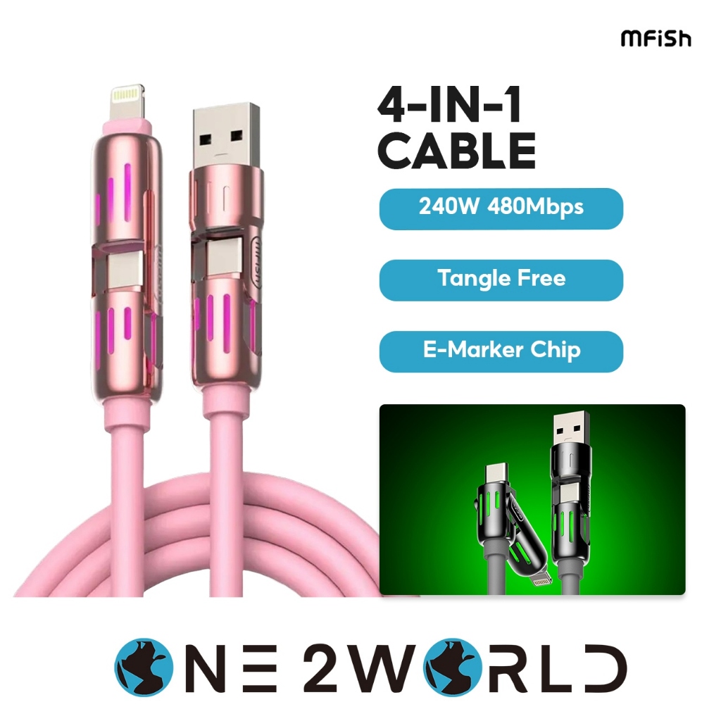 MFISH 240W สายชาร์จเร็วหุ้มเกราะ 4-in-1 – พลังงานสูง PD3.1, ชิป E-Marker, ไฟ LED, 480Mbps, 2m