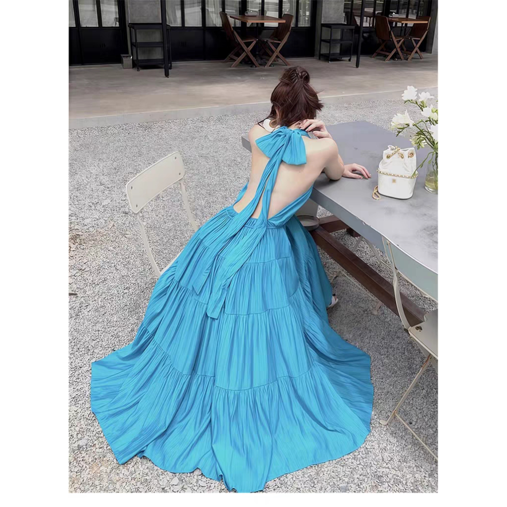 Seaside Beach holiday Multi Wearing ชุดเดรสคล้องคอสีน้ําเงินสําหรับผู้หญิงฤดูร้อนคอวีเปลือยหลังชุดเด