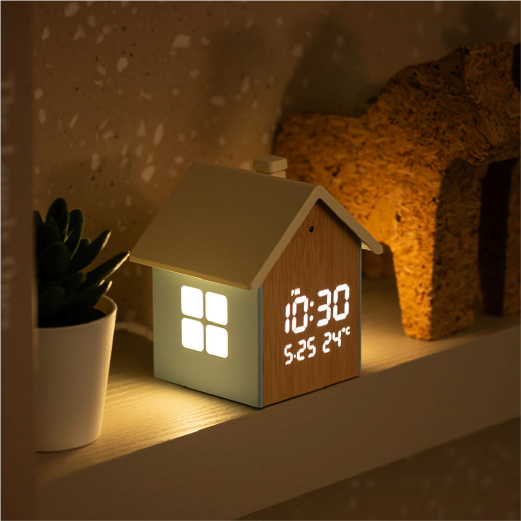 [คนพ่นไฟ] นาฬิกาตั้งโต๊ะ นํา อารมณ์ – ออกแบบรูปทรงบ้านแสดงเวลา/อุณหภูมิกล่องของขวัญ 2 สี