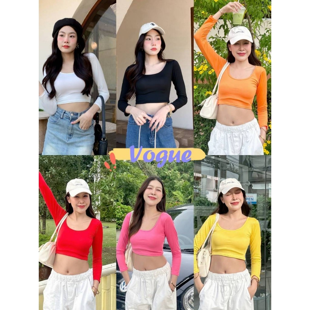 Vogue พร้อมส่ง เสื้อยืดครอปแขนยาว คอกลม สีสันสดใส ยืดตามตัว (TKS-1)