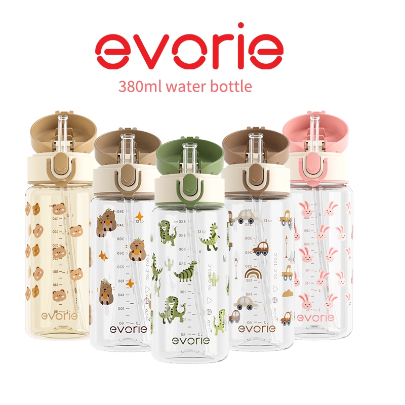 Evorie Kids Tritan Water Bottle with Straw, ขวดนมที่ได้รับรางวัลสําหรับ 18+ เดือน ปลอดสาร BPA 380ML