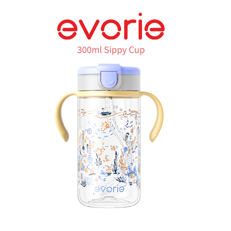 Evorie Tritan Sippy Straw Cup ขวดน้ําสําหรับเด็กวัยหัดเดินสําหรับเด็ก 1-4 ปี 300mL ภายใต้ทะเล ไม่เข้