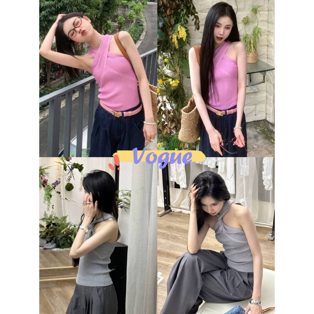 Vogue🌟พร้อมส่ง🌟 เสื้อกล้ามคอไขว้ เสื้อกล้ามคอเชือกแขวนคอเซ็กซี่ ทันสมัยและเซ็กซี่ (71CX16)