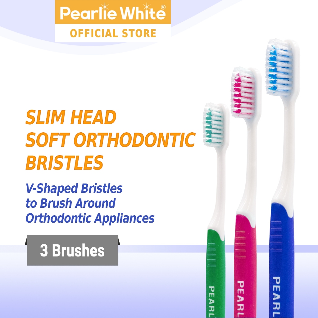 Pearlie White BrushCare Ortho Ortho Orthodontic Soft แปรงสีฟัน Triple Pack