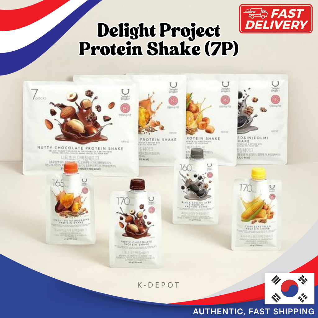 Olive Young Delight Project Protein Shake 45 g – แท่งทดแทนมื้ออาหาร 7-Pack (Nutty Choco, มันเทศ & Grain, Corn Castella, Black Sesame Injoolmi) – ส่งจากกรุงเทพฯ