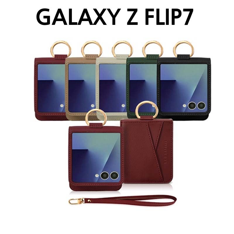 เกาหลี Roar Leather GALAXY{Z Flip7}เคสโทรศัพท์ 3Card Hand Strap Card Pocket GOLD RING {WINDY}