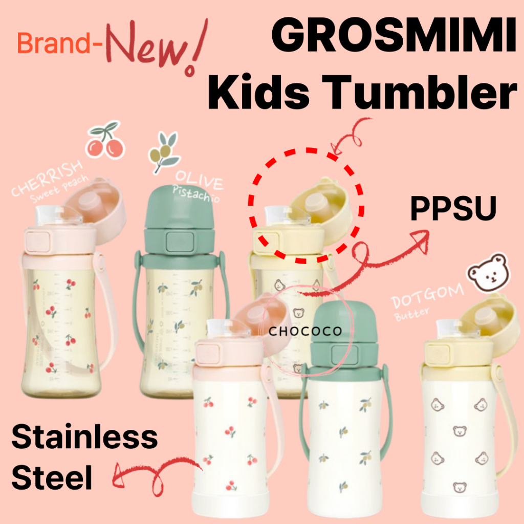[เกาหลี] Grosmimi KIDS TUMBLER สแตนเลส PPSU พร้อม HAND STRAP ปลอกซิลิโคน 300ml Dotgom Cherrish Olive ขวดเกาหลีคอกว้าง