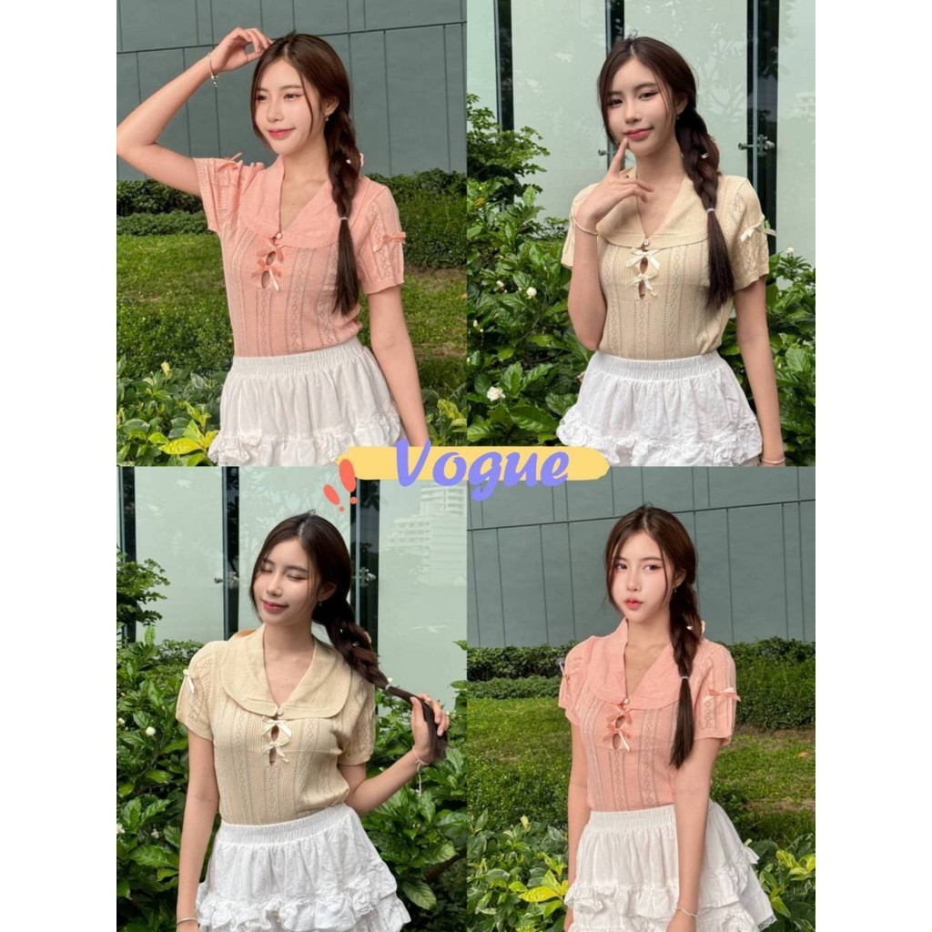Vogue🌟พร้อมส่ง🌟 แขนสั้นคอตุ๊กตา สไตล์สั้น ดีมาก (M2930)