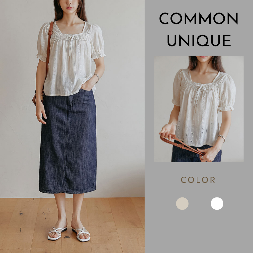 [ไม่ซ้ําใครทั่วไป] Tee Cotton Punching Strap 1/2 Blouse_U82