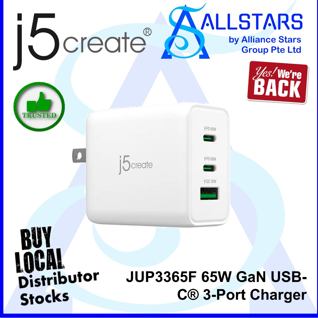 (ALLSTARS) J5create JUP3365F 65W GaN USB-C 3-Port Charger (รับประกัน 2 ปีพร้อมตัวแทนจําหน่ายท้องถิ่น