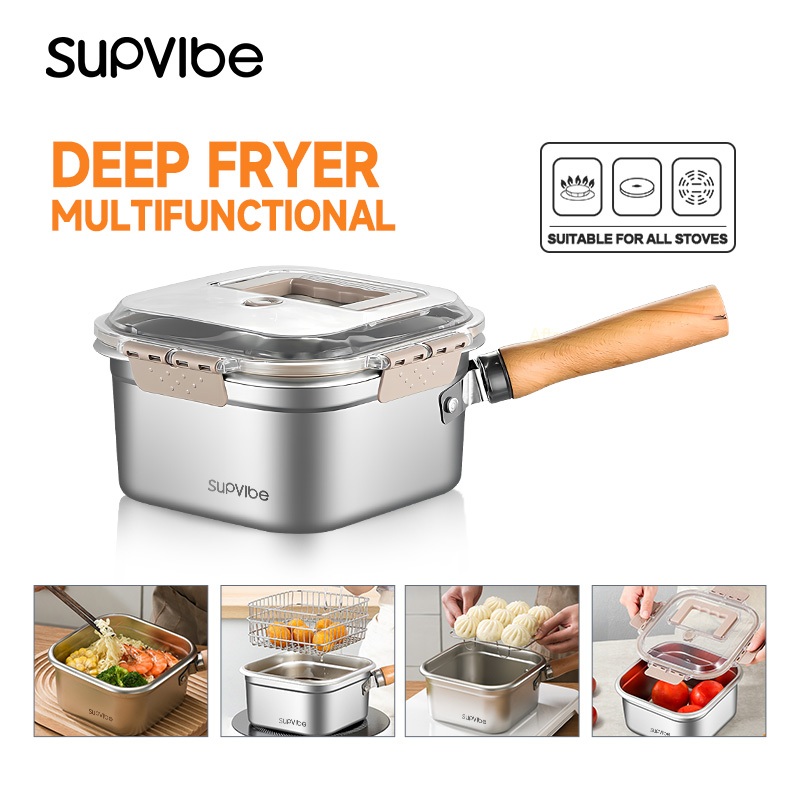 SUPVIBE Versatile Stainless Steel Cooking Pot Deep Fryer Noodle Pot Hot Pot Portable for Camping/Hom