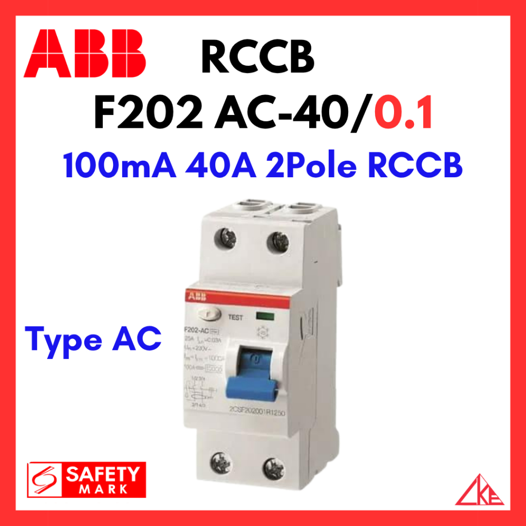 ABB RCCB F202 AC-40/0.1 100mA 40A 2Pole ELCB