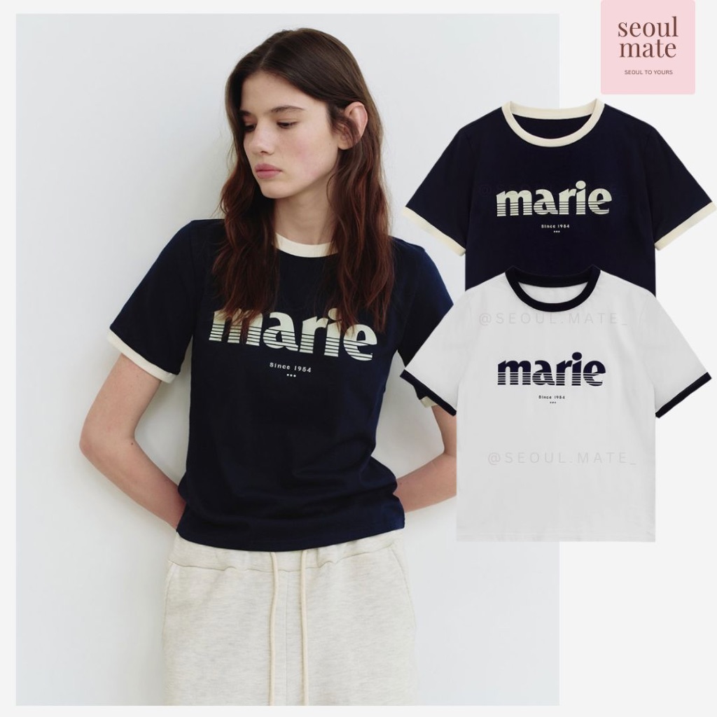 เสื้อยืดแขนสั้น.brand MARIE CLAIRE สีกรมท่าและขาว