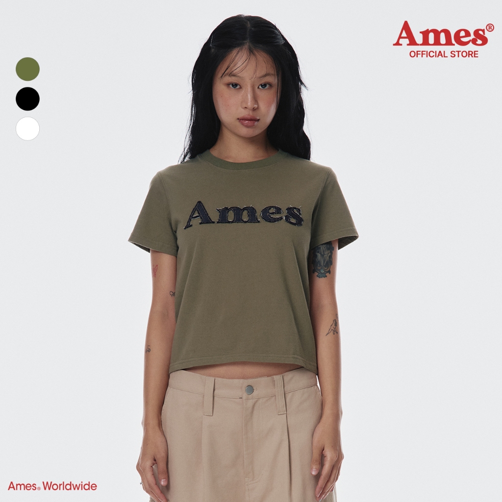 [AMES] BASIC LOGO DENIM APPLIQUE TEE_สไตล์เกาหลี